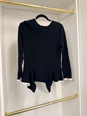 525 America Black Cable-Knit Peplum Sweater with White Trim